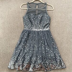 Silver Sequin Cocktail Dress - Sheer Collar & Tulle Skirt Holiday Party / NYE